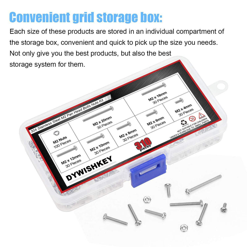 DYWISHKEY 310 Pieces M2 x 4mm/6mm/8mm/10mm/12mm/16mm/20mm, Stainless Steel 304 Phillips Pan Head Cap Bolts Screws Nuts Kit