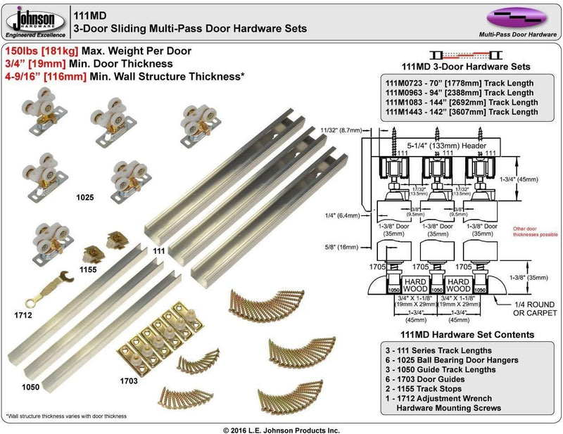 Johnson Hardware 111MD Multi-Slide 3-Door Hardware Set, 94 In. Tracks, For 3/4 In. Or Thicker Doors To 150 lbs.