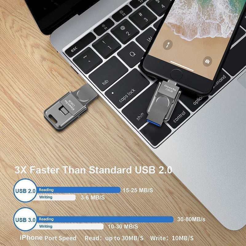 USB 3.0 Flash Drive for iPhone Geeclo iPhone Flash Drive 128GB iPhone External Storage USB 3.0 photostick Mobile for iPhone Computers Photo iPhone Picture Stick (Gray)