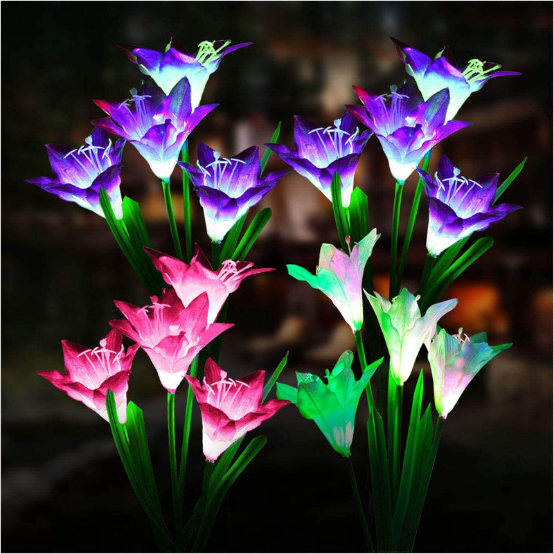 ATHLERIA Outdoor Solar Lights, 4 Pack Solar Garden Lights with 16 Bigger Lily Flowers, Waterproof 7 Color Changing Outdoor Lights - Bigger Solar Panel for Garden Patio Yard Pathway Decoration