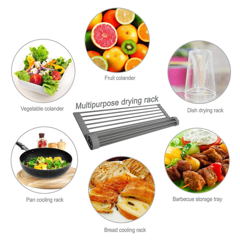 Roll Up Dish Drying Rack, Foldable Over the Sink Drying Rack [Large 20.5’’x13.2’’], Multipurpose Kitchen Sink Drainer - Silicone & Stainless Steel by Gosmol (Gray)