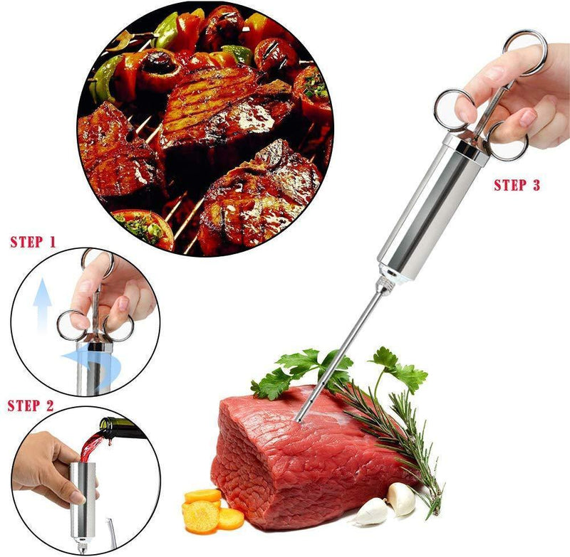 Cenow Meat Injector Kit Marinade Injector -Making The Juiciest BBQ& Turkey 3 Professional Marinade Needles+ 2 Cleaning Brushes