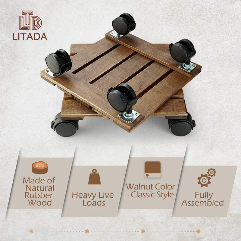 LITADA Wood Plant Caddy Heavy Duty, 12 inch Square Plant Roller with Lockable Caster Wheels, Outdoor Caddy Indoor Plant Dolly (2 Pcs)