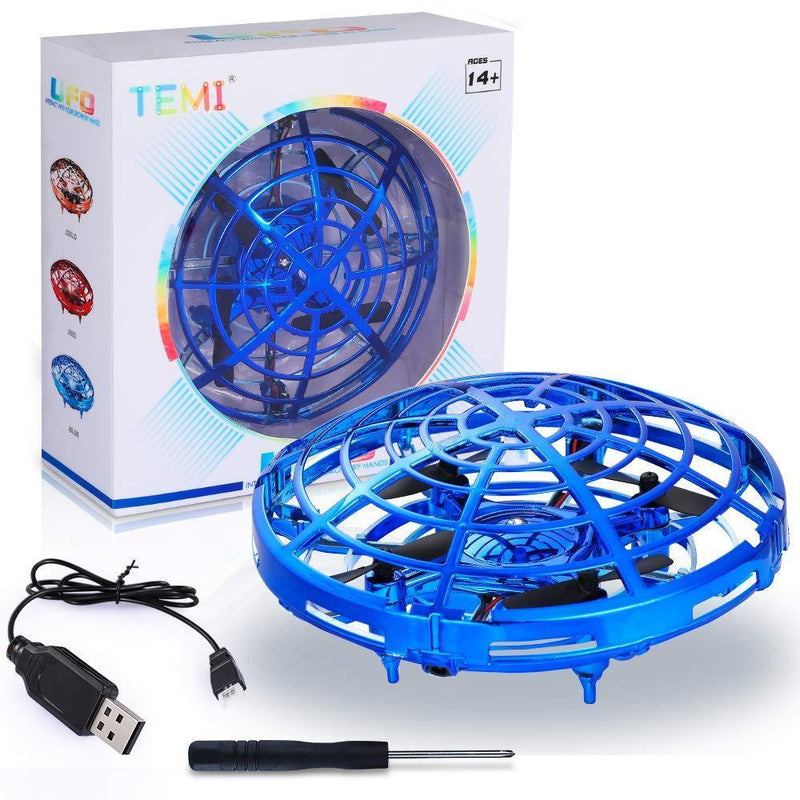TEMI Mini UFO Flying Toys Drone for Kids & Adults, Hand Operated Flying Ball Helicopter with Lights, Easy Indoor Outdoor Pocket Quadcopter Aircraft Toy Gifts for Beginners, Boys & Girls, Blue