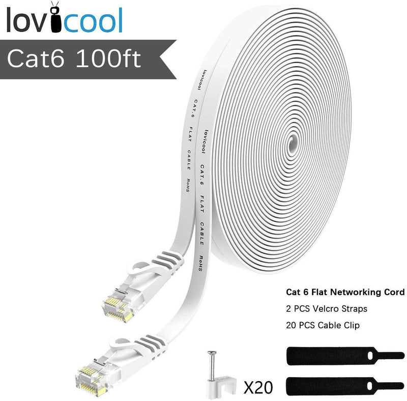 Lovicool CAT6 Ethernet Patch Cable 75ft White LAN Cable Flat Internet Computer Networking Cable High Speed Up to 10Gigabit Ethernet Cord with RJ45 Connector for Modem Switch Boxes Router PS4 Xbox 23m