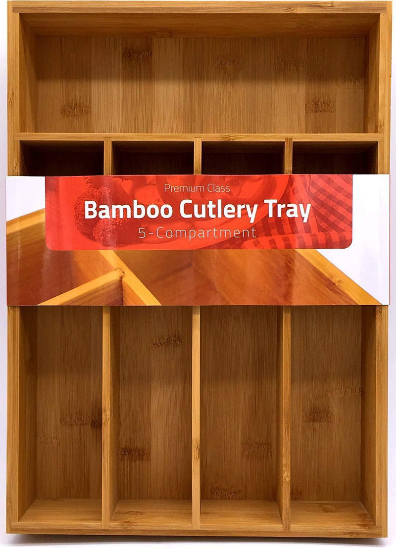 Utopia Kitchen Bamboo Silverware Organizer- 5 Compartments - Bamboo Drawer Organizer Tray - Bamboo Hardware Organizer