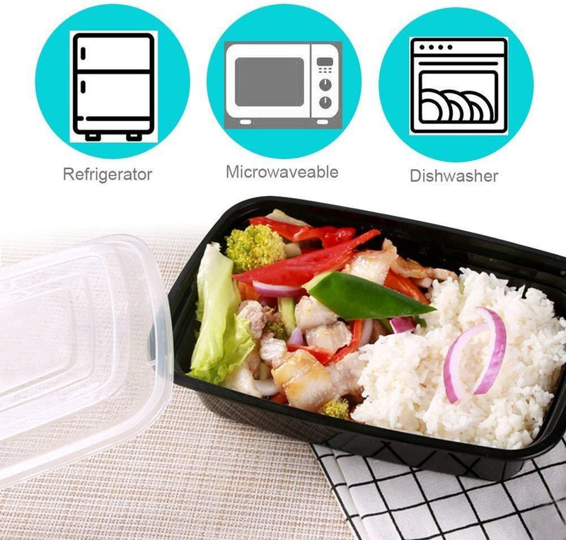 Maredash 34OZ Meal Prep Containers,Food Storage Container with Sealed Black Lid and Fork Spoon,Lunch Box, Foldable Meal Peparation Container, Microwave,Refrigerator and Dishwasher
