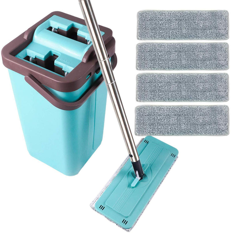 Squeeze Flat Mop, 1 Bucket, Wet Dry Floor Cleaning Hand Free, 4 Reusable Microfiber Mop Pads for Home Kitchen Floor Cleaning, Stainless Steel Handle by SUPSOO