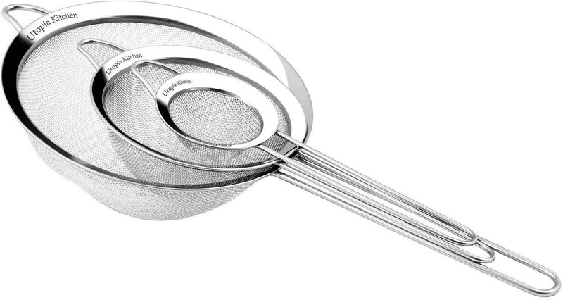 Utopia Kitchen Set of 3 Stainless Steel Mesh Strainer Colander Sieve with Handles - Small, Medium and Large - Ideal for Straining Quinoa, Spaghetti, Yogurt, Tea and More