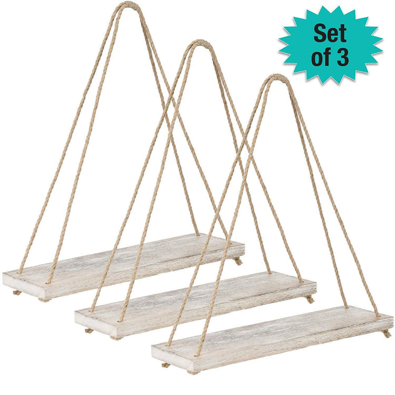 Rustic Distressed Wood Hanging Shelves: 17-Inch with Swing Rope Floating Shelves (Brown - Pack of 3)
