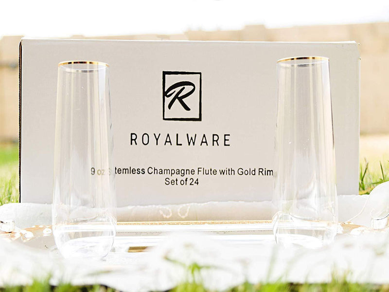 Plastic Champagne Flutes with GOLD RIM SET OF 24 | 9 Oz STEMLESS | Disposable | BPA-FREE | Shatterproof | Clear Toasting Glasses | Recyclable | Perfect for Weddings Party Events Holidays