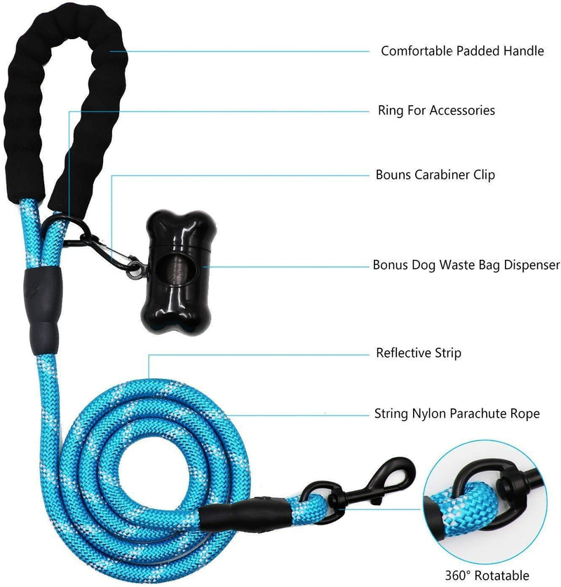 5 FT Heavy Duty Dog Leash Rope with Comfortable Padded Handle and Reflective Threads, Anti-Pull Bungee for Shock Absorption and Thick Durable Dog Training Leash for Small Medium Large Dogs (Blue)
