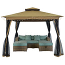 SUNLONO 10 x 10 Ft Outdoor Fabric/Steel Gazebo 2-Tiered Top Canopy with Mosquito Netting Screen Walls, Beige