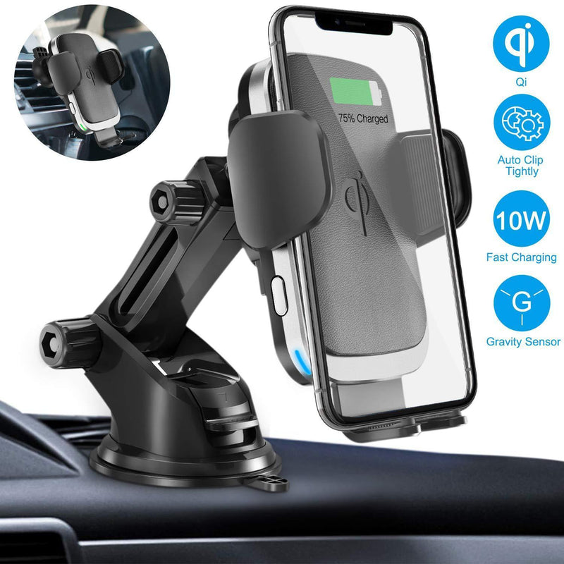Wireless Car Charger Mount, Cshidworld Auto Clamping 10W/7.5W Qi Fast Charging Car Mount, Windshield Dashboard Air Vent Phone Holder Compatible with iPhone 11 Xs Max XR 8 Plus, Samsung S10 S9 S8