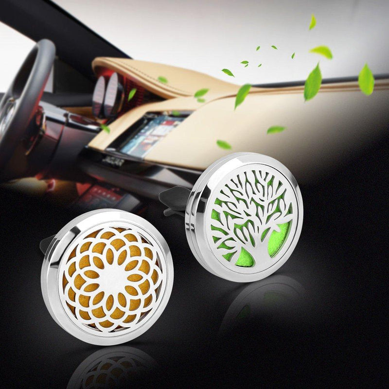 abooxiu 2 Pack Car Aromatherapy Essential Oil Diffuser Vent Clip, Stainless Steel Air Freshener Lockets 24 Felt Pads (Tree + Sunflower)