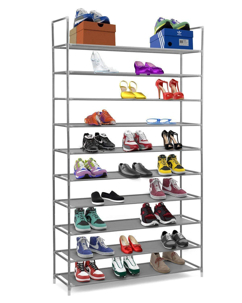 Halter 10 Tier Stackable Shoe Rack Storage Shelves - Stainless Steel Frame Holds 50 Pairs of Shoes - 39.125" X 11.125" X 69.5" - Black