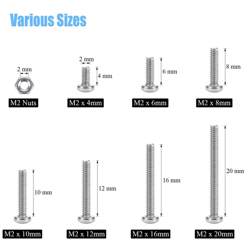 DYWISHKEY 310 Pieces M2 x 4mm/6mm/8mm/10mm/12mm/16mm/20mm, Stainless Steel 304 Phillips Pan Head Cap Bolts Screws Nuts Kit