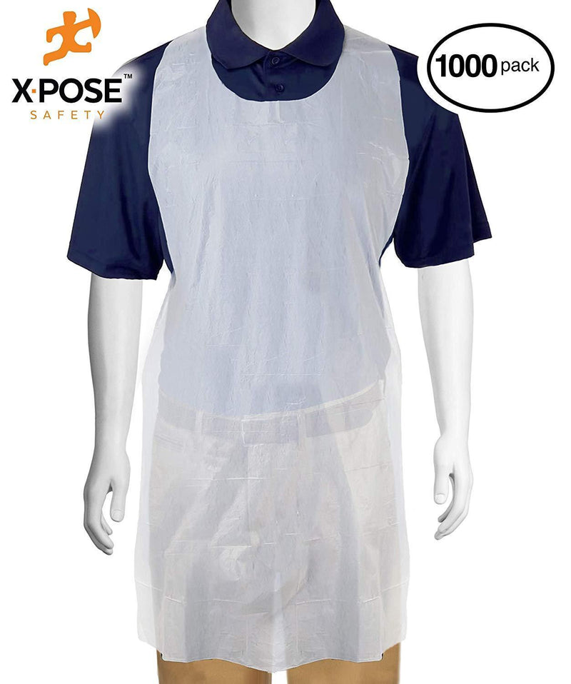 100 White Plastic Disposable Aprons For Cooking, Painting and More - Individually Packaged - Durable 1 mil Waterproof Polyethylene - 24" x 42" - by Xpose Safety