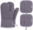 KeShi Kitchen Oven Mitts Set, Oven Mitts and Pot Holders, Heat Resistant with Quilted Cotton Lining, Non-Slip Surface 4 Pieces for Cooking, Baking, Grilling, Barbecue (Gray)