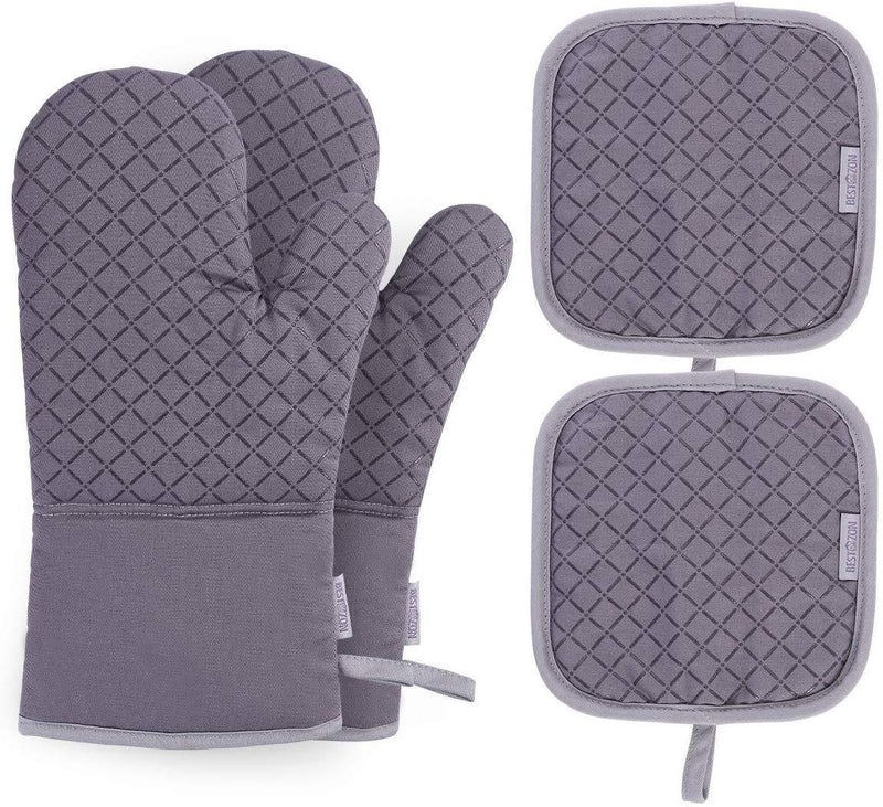 KeShi Kitchen Oven Mitts Set, Oven Mitts and Pot Holders, Heat Resistant with Quilted Cotton Lining, Non-Slip Surface 4 Pieces for Cooking, Baking, Grilling, Barbecue (Gray)