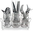 3 Glass Mason Jars with Black Chalk Label - 17 Ounces Clear Chalkboard Mugs on Galvanized Caddy with Handle - Home and Party Drinkware Set, Utensil Organizer, Vintage Rustic Decor Set