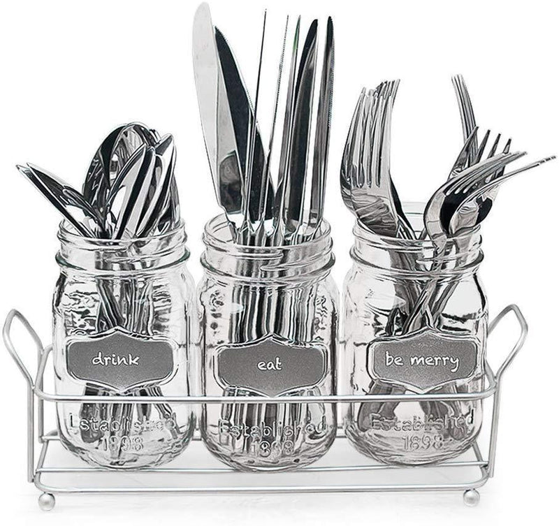 3 Glass Mason Jars with Black Chalk Label - 17 Ounces Clear Chalkboard Mugs on Galvanized Caddy with Handle - Home and Party Drinkware Set, Utensil Organizer, Vintage Rustic Decor Set