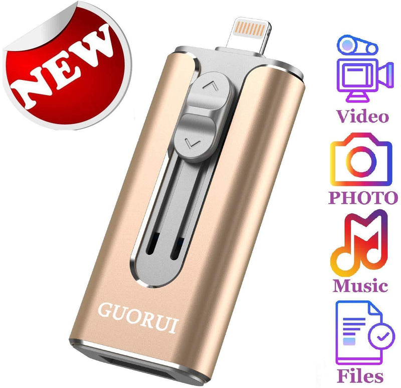 Photo Stick Mobile for iPhone USB Flash Drive 256GB GUORUI USB Memory Stick 256GB for iPhone X XR XS MAX 6 7 8 Plus iPad Pro External Storage for iPhone iPad PC Android Micro USB Jump Drive Thumb Glod