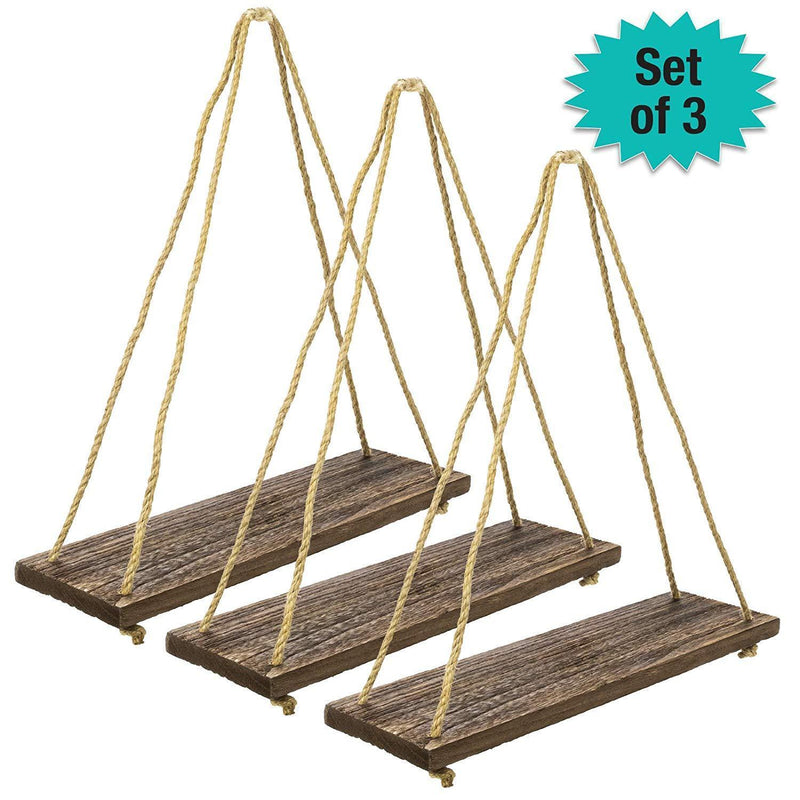 Rustic Distressed Wood Hanging Shelves: 17-Inch with Swing Rope Floating Shelves (Brown - Pack of 3)