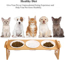 Ymachray Raised Cat Dog Bowls with Stand Feeder, Elevated Bamboo Stand with 3 Ceramics Bowls, Adjustable 4 Heights