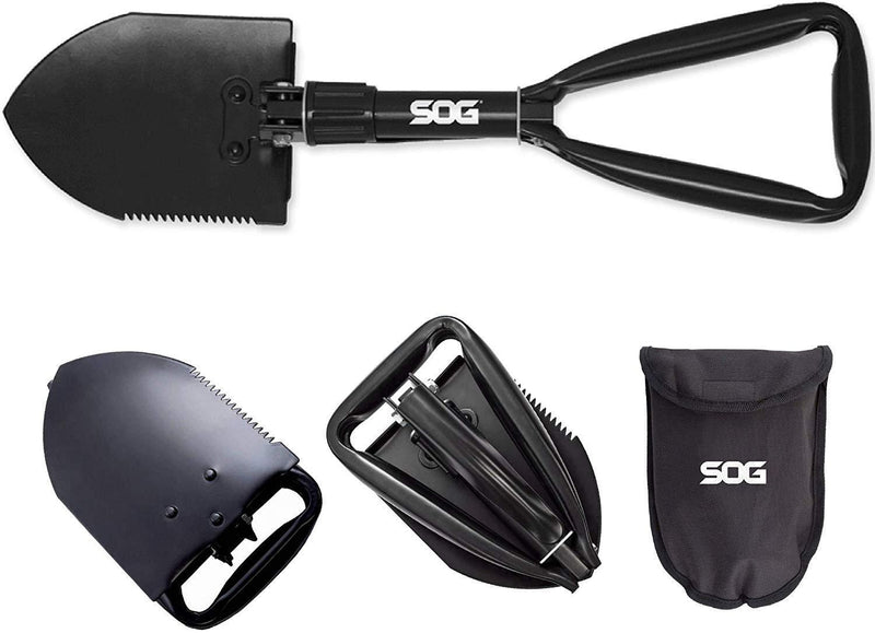 SOG Folding Shovel Survival Shovel – Entrenching Tool 18.25 Inch Foldable Shovel Camping Shovel w/ Wood Saw Edge and Tactical Shovel Carry Case (F08-N)