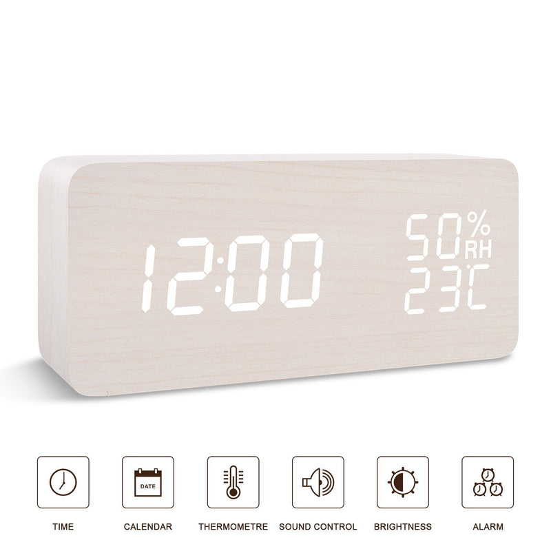 BlaCOG Alarm Clock Digital Desk Wooden Alarm Clock Upgraded with Time Temperature, Adjustable Brightness, 3 Set of Alarm and Voice Control - Bamboo