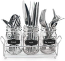 3 Glass Mason Jars with Black Chalk Label - 17 Ounces Clear Chalkboard Mugs on Galvanized Caddy with Handle - Home and Party Drinkware Set, Utensil Organizer, Vintage Rustic Decor Set