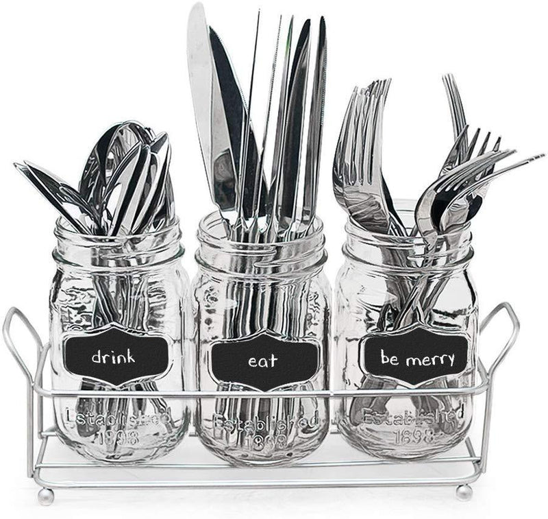 3 Glass Mason Jars with Black Chalk Label - 17 Ounces Clear Chalkboard Mugs on Galvanized Caddy with Handle - Home and Party Drinkware Set, Utensil Organizer, Vintage Rustic Decor Set