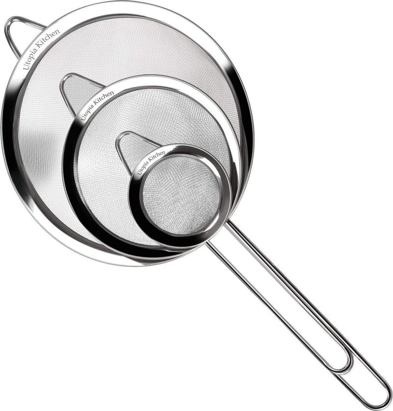 Utopia Kitchen Set of 3 Stainless Steel Mesh Strainer Colander Sieve with Handles - Small, Medium and Large - Ideal for Straining Quinoa, Spaghetti, Yogurt, Tea and More