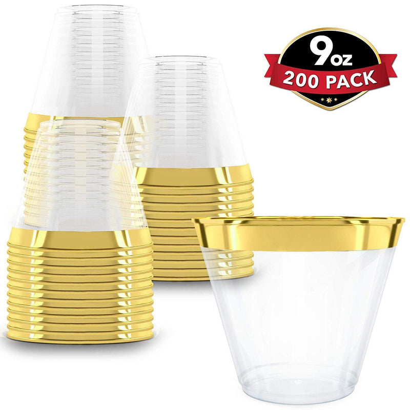 200 Gold Plastic Cups | 9 oz | Hard Disposable Cups | Plastic Wine Cups | Plastic Cocktail Glasses | Plastic Drinking Cups | Bulk Party Cups | Wedding Tumblers | Clear Plastic Cups With Gold Rim by Prestee