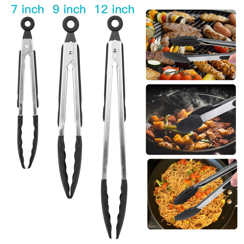 Anksono Premium Stainless Steel Locking Kitchen Tongs with Silicon Tips, 3 Pack [7-inch, 9-inch, 12-inch] Stainless Steel Non-Stick Foods Tongs for BBQ, Barbecue, Cooking Salad Bread Serving Tongs
