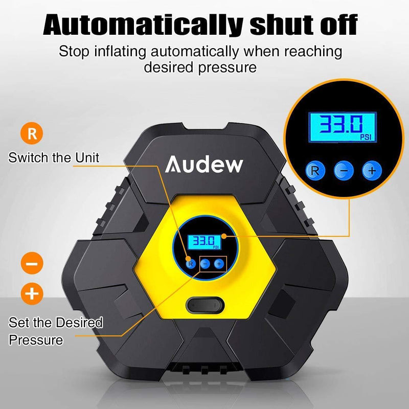 Audew Upgraded Portable Air Compressor Tire Inflator,12V 150PSI Air Pump with Auto Shut Off,Warning Light and Power Cord Storage,Digital Tire Pump for Car,Bicycle and Other Inflatables