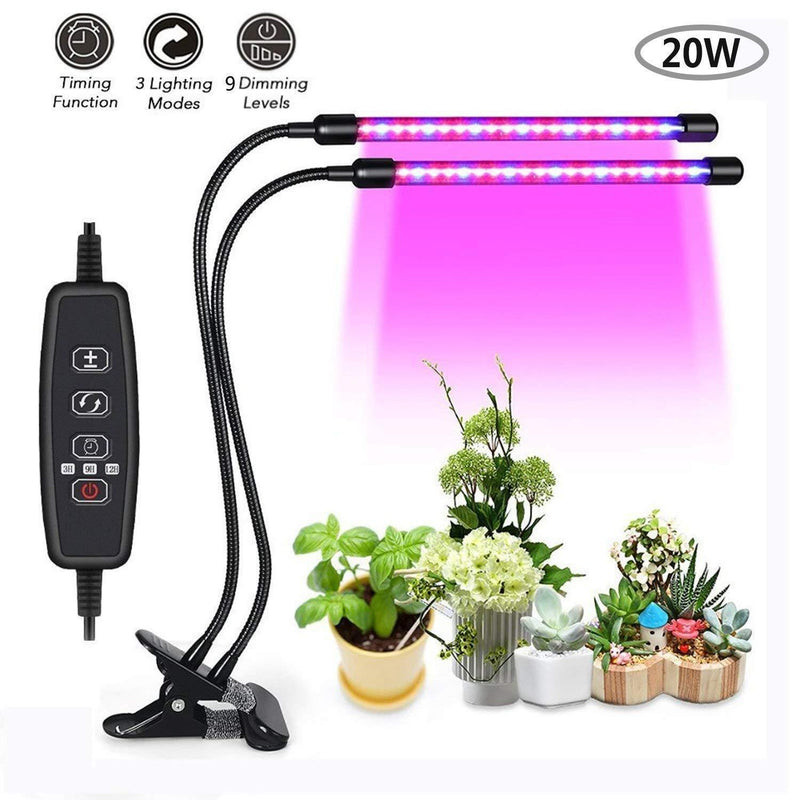 Povida Dual Head Plant Light, LED grow lights for indoor plants, 3/9/12 H Timer, 9 Dimmable Levels, 3 Switch Modes, 20W 40 LED, 360 Degree Adjustable Gooseneck Lights & Free Adapter, Red/Blue Spectrum