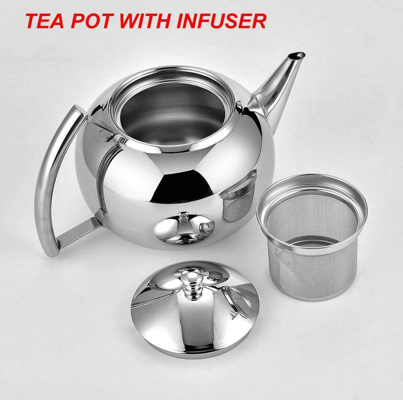 OMGard Teapot with Infuser Loose Tea Leaf 2 Liter Stainless Steel Tea Pot Coffee Water Small Kettle Filter Set Warmer Teakettle for Stovetop Induction Stove Top 2.1 Quart / 68 Ounce