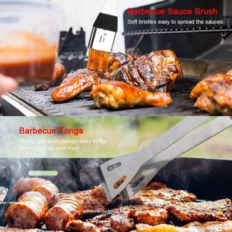 ikelimus BBQ Grilling Tools Set, Heavy Duty Stainless Steel Barbecue Utensils Grill Accessories 6-Piece Fork/Chef’s Spatula/Tong/ Basting Brush/Knif/Cleaning Brush with Gift Aluminum Case