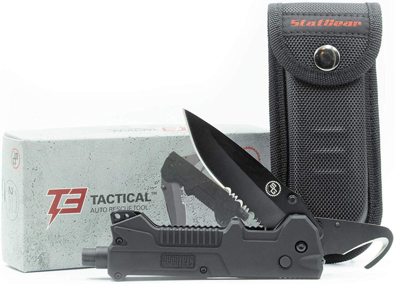 StatGear T3 Tactical Auto Rescue Tool - knife, seatbelt cutter, spring-loaded window punch, light. sheath included