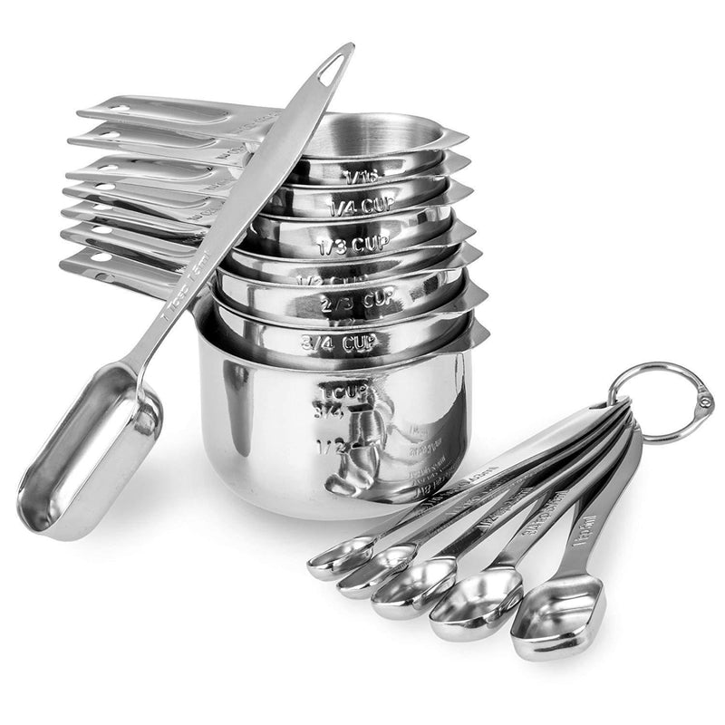 13-piece Measuring Cups and Spoons Set, 18/8 Stainless Steel Heavy Duty Good Grips with Ring Connector