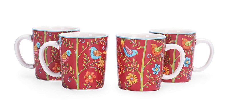 Bico Red Spring Birds Ceramic 18oz Mugs, Set of 4, for Coffee, Tea, Drinks, Microwave & Dishwasher Safe, House Warming Birthday Anniversary Gift