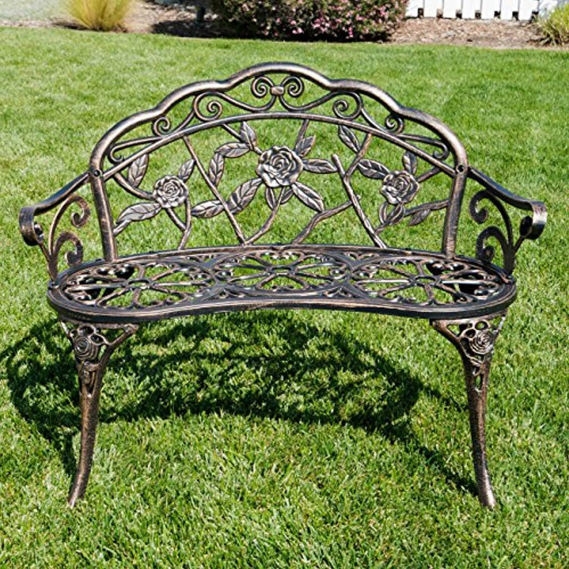 LEAN ON US Belleze Antique Designed Rose Style Outdoor Patio Park Garden Bench Bronze Love Seat Cast Iron Backyard Porch Home Pool