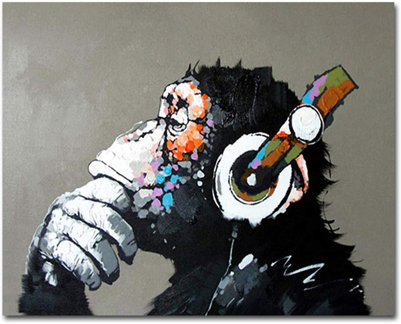 Muzagroo Art Painted by Hand Oil Paintings Listen to Music Gorilla Canvas Pictures Large Canvas Art for Living Room Wall Decor L