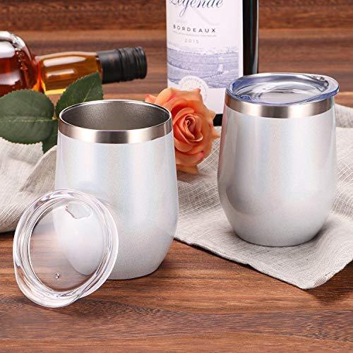 12 oz Double-Insulated Stemless Glass, Stainless Steel Tumbler Cup with Lids for Wine, Coffee, Drinks, Champagne, Cocktails, 2 Sets (Black)