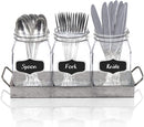 3 Glass Mason Jars with Black Chalk Label - 17 Ounces Clear Chalkboard Mugs on Galvanized Caddy with Handle - Home and Party Drinkware Set, Utensil Organizer, Vintage Rustic Decor Set