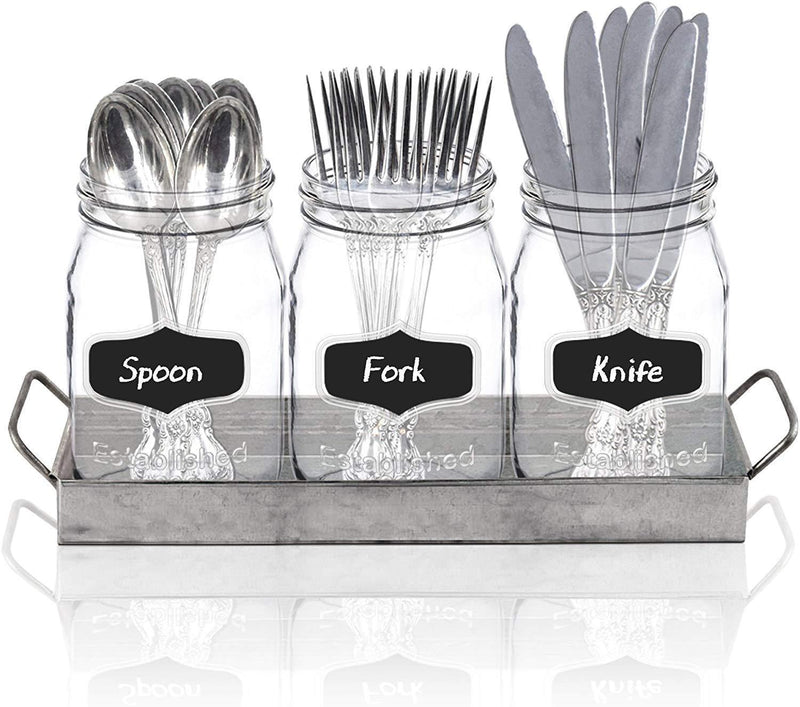3 Glass Mason Jars with Black Chalk Label - 17 Ounces Clear Chalkboard Mugs on Galvanized Caddy with Handle - Home and Party Drinkware Set, Utensil Organizer, Vintage Rustic Decor Set