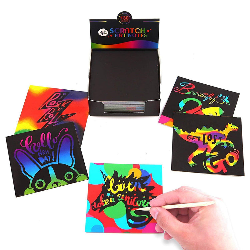 Jar Melo Scratch Art Notes; 130 Sheets; with 2 Wooden Styluses; Rainbow Mini Notes; 4 Kinds of pattens as Backgrounds; Scratch Magic NotesNotes; Scratch Magic Notes