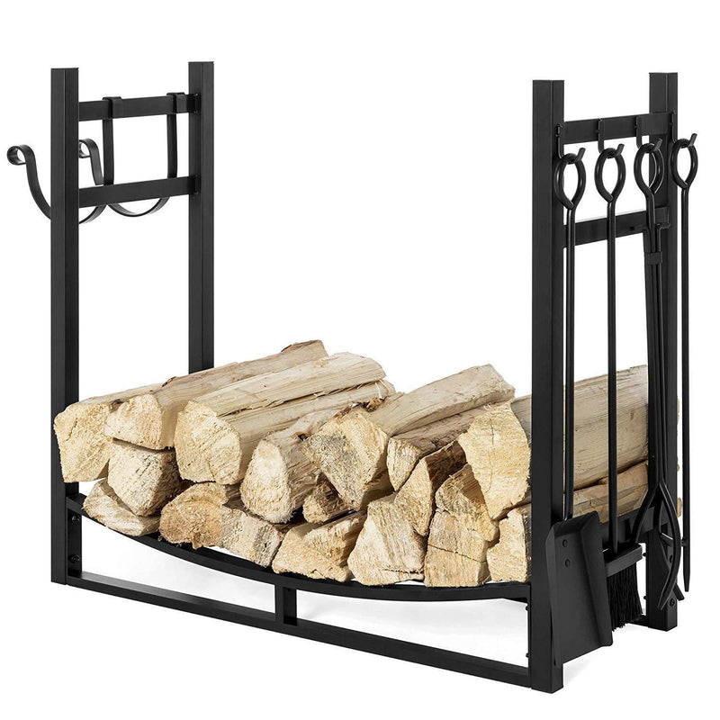 Best Choice Products Indoor Outdoor Fireplace Stackable Wrought Iron Firewood Log Rack Holder Storage Set w/Hook, Broom, Shovel, Tong - Black